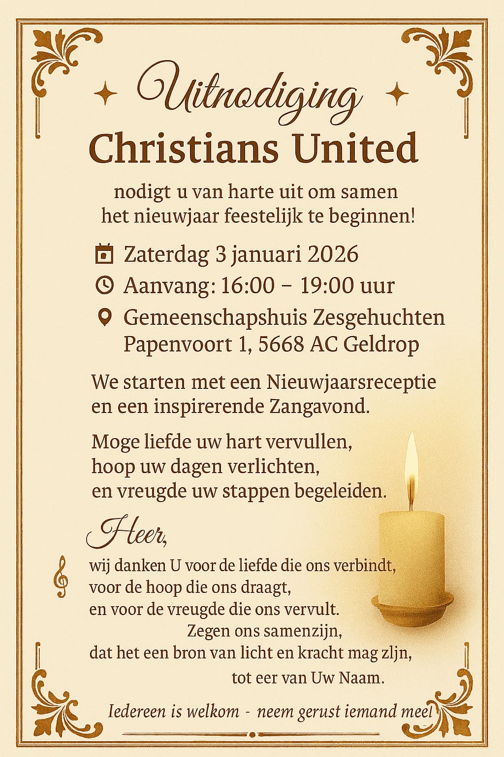 Nieuwjaarsreceptie en Zangavond 3 januari 2026